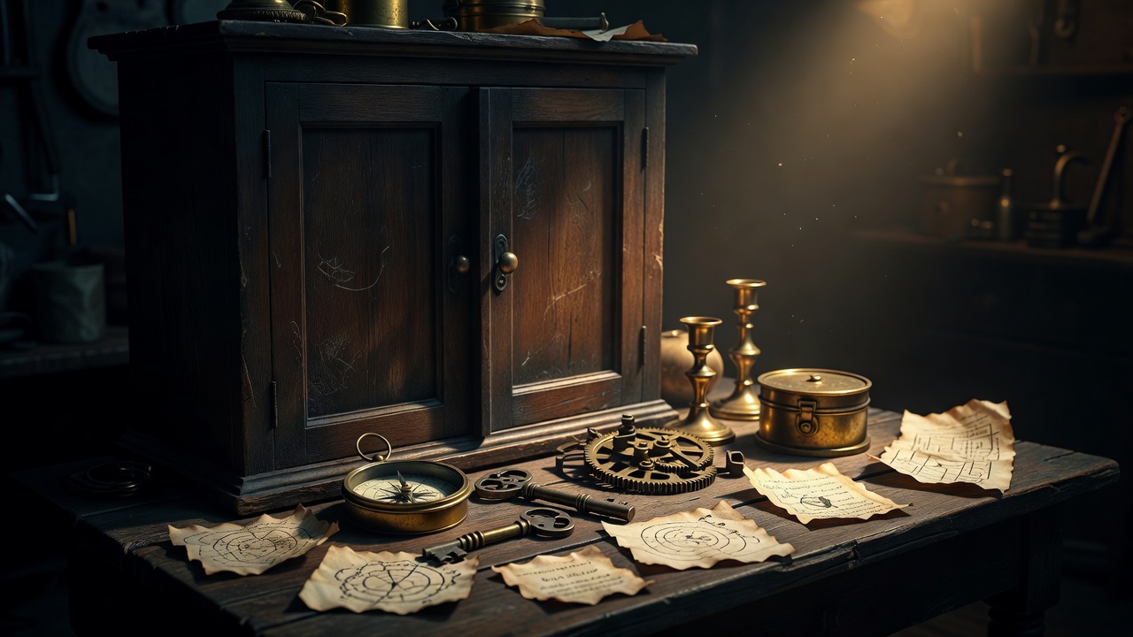 A shadowed wooden cabinet with brass props and paper clues staged as a fictional escape-room scene
