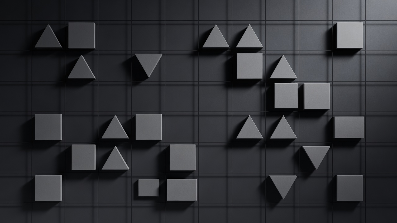 Geometric tiles on a dark surface illustrating the separation of shape and position