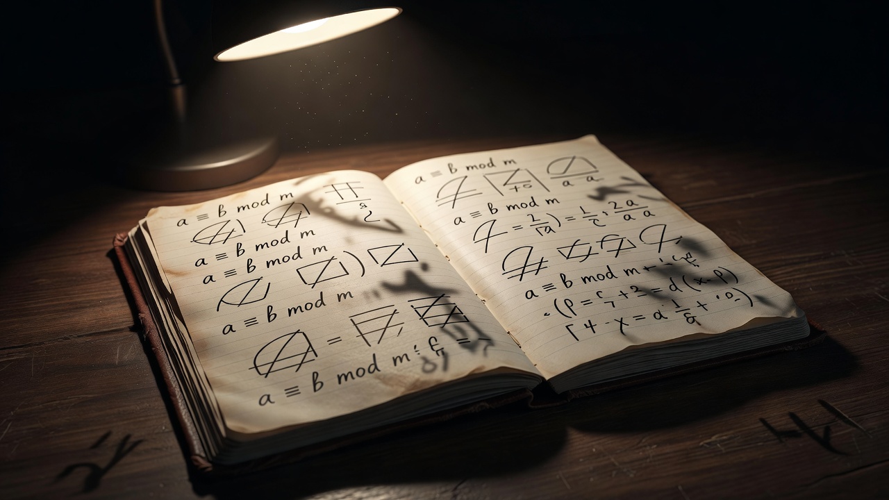 Handwritten arithmetic and structured reasoning in a notebook under a narrow pool of light