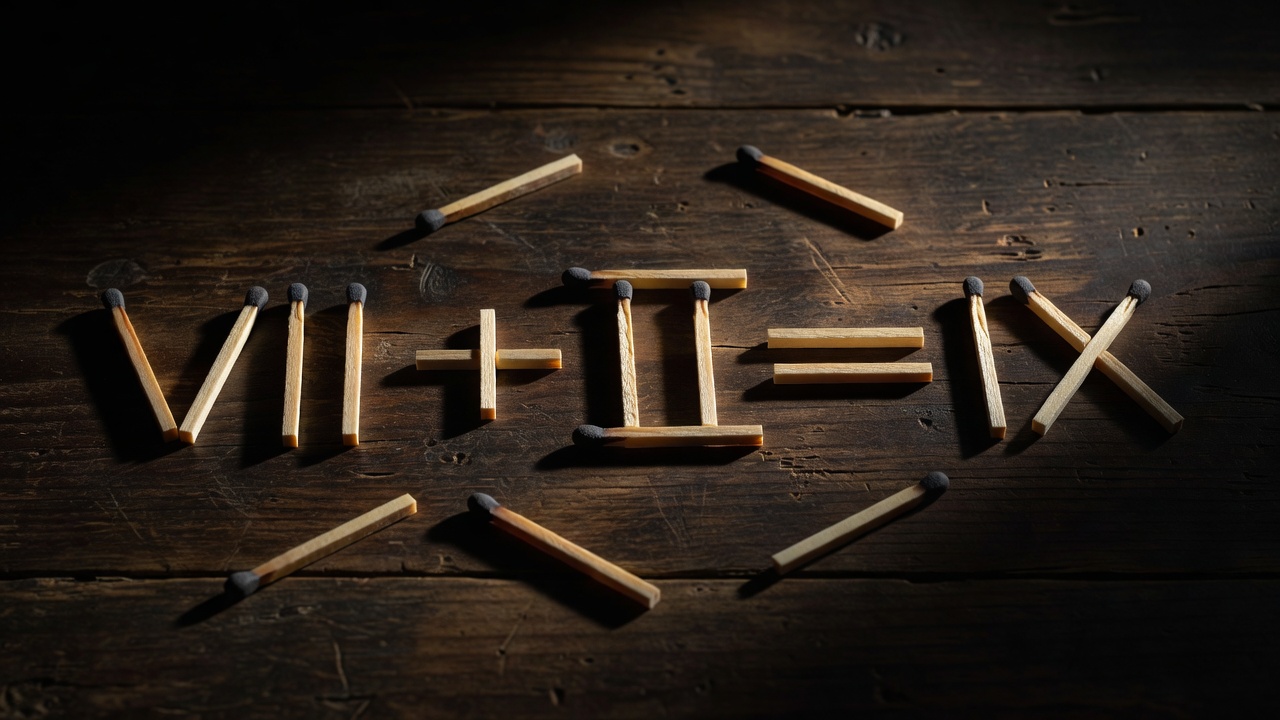 Unlit wooden matchsticks arranged on a shadowed table for a segment puzzle